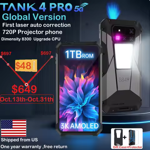 8849 Tank 4 Pro Unihertz 5G Rugged Projector Smartphone 36G 1TB Android 14 Sports Phone 11600mAh Dim