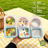 Stainless Steel Lunch Box 2 Compartment Leakproof Food Container Bekas Makanan 450ml