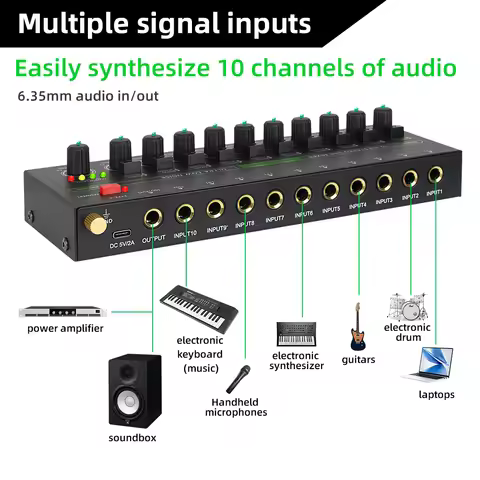 10 Channels Audio Mixer Portable Ultra Low-Noise Line Mixer Stereo Mixer Mini Sound Mixer USB Powere