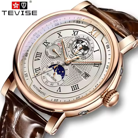 LIGE TEVISE Business Waterproof Mechanical Mens Watches Brand Luxury Leather Strap Watch for Men Moo