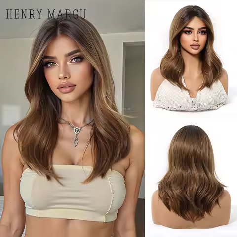 HENRY MARGU Medium Length Wavy Synthetic Hair Wig for Women Copper Wavy Fake Hair Middle Part Daily 