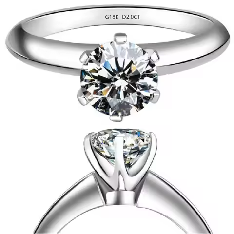 Solid 18K 750 White Gold 2 Carat Six Prongs Round Excellent Woman Engagement Ring Bright Forever AU5
