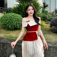 (Bigsize 50-90kg) Set Váy Dự Tiệc Dáng Dài Áo Đính Nơ Trễ Vai Chân Váy Xếp Ly Eo Cột Dây DV117