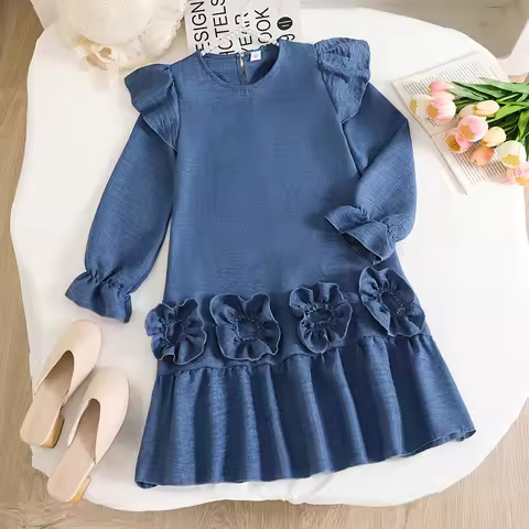 Girls 8-12 Casual Denim-Like Blue Dress: Designed with a crew neck, ruffle shoulders, 3/4 puff sleev