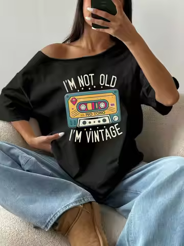 Plus Size I'm Not Old I'm Vintage Retro Cassette Tape Distressed Text Graphic Print Shoulder Loose T