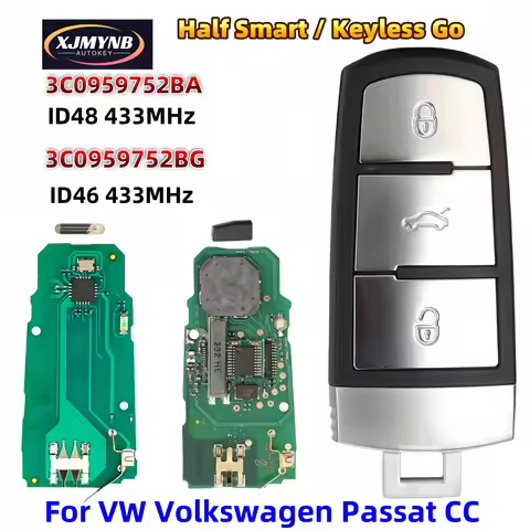 XJMYNB 3C0959752BA 433MHz ID48/ID46 Half Smart/Keyless Go Remote Key For VW Volkswgen Magotan Passat