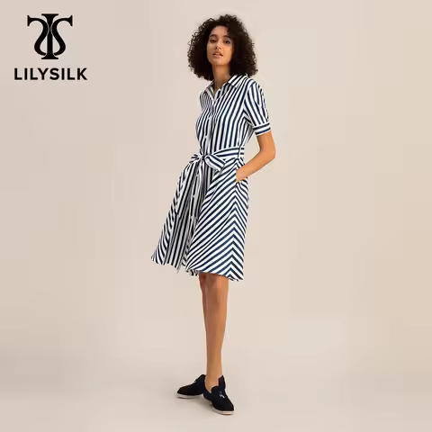 LILYSILK Amalfi Stripe Silk Shirtdress with Belt Laides A-line V Neck Casual Dress