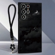 Perforated Straight Edge Moon Painting Attached 5-Leaf Flower Wrist Strap Thick Anti-Drop Phone Case