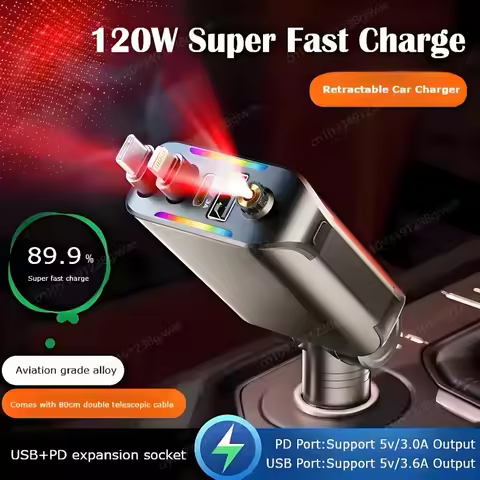 4 in 1 PD30W Car Fast Charger USB Type-C Power Adapter Retractable Phone Charger with Roof Starlight