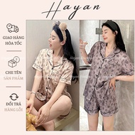 HT682 Luxurious cat-patterned turn-down silk pajamas, figure-flattering short-sleeved lady's pajamas