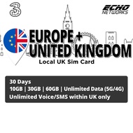 [3UK] 30 Days | 10GB/30GB/60GB/Unlimited(4G/5G) Data | Local Europe/UK SIM Card | No Registration Required