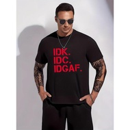 1Mens letter print T-shirt, casual IDK IDC IDGAF comfortable micro-stretch crew neck T-shirt, summer