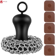 Cast Iron Scrubber with 5 Scraper Set Cast Iron Pan Cleaner Heat Resistant Cast Iron Chainmail Scrubber with Silicone Handle Stainless Steel Skillet Scrubber for Pan SHOPSKC9741