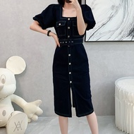Chubby Meiyi Denim Skirt Dress A-Line S-XL Summer One-Piece Short-Sleeved Mid-Length T329-8974