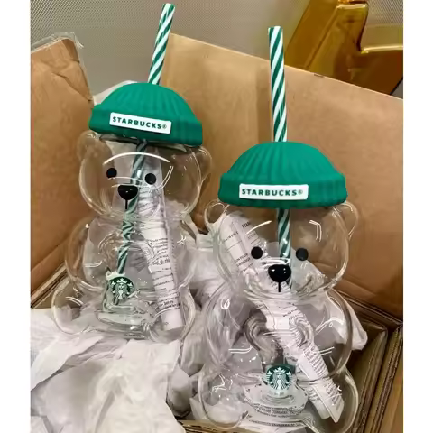 Starbucks Bear Straw Cup North America New Glass Tumbler Cute Hat Design Coffee Cup