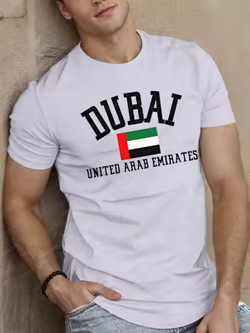 Men's Dubai United Arab Emirates Flag T-Shirt Casual CottonTee Round Neck Short Sleeve Geometric Pat