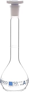 Volumetric Flask, 50ml - Class A - 12/21 Polyethylene Stopper, Borosilicate Glass - Blue Graduation,