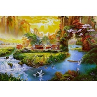 (672) Large Poster Painting Bird Mountain Waterfront House Size 20x30 Inches (50x76 Cm.)