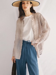 เสื้อเชิ้ตผ้าฝ้ายลินินลายสก็อตเนื้อบางเบาสไตล์ Old Money สำหรับผู้หญิง ฤดูร้อน 2025 เสื้อเชิ้ตคอปกปิ