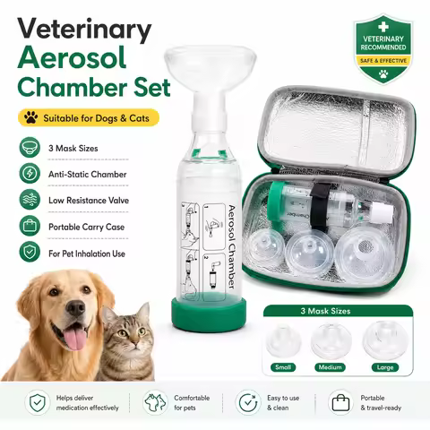 Inhaler Nebulizer Chamber Spacer Inhaler for Dog & Cat with 3 Soft Medical Silicone Face Mask Veteri