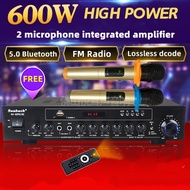 Sunbuck 600W Power Amplifier Home Theater 2 Channel AV Karaoke Amplifiers Bluetooth Audio 2 Wireless Microphones Stereo