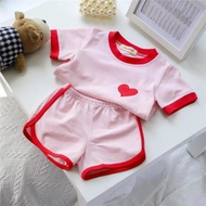 (6m-8Y) Peach Color Clothes Set with Cute Love Short Sleeve T-shirt and Short Pant for Babies Girls