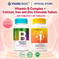 9YOUNG-BASIC Family Nutrition Combo | Vitamin B Complex 100 Tablets + Calcium Iron Zinc Chewable 60 