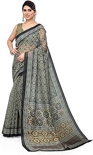 Women's Stylish Cotton Blend Ajrak Digital Printed Saree with Blouse Piece