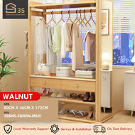 [3S FURNITURE] Multifunctional Solid Rubber Wood Open Concept Wardrobe with Full Body Dressing Mirror * FREE DELIVERY * (1Yr Local Warranty)