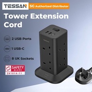 SG Safety Mark - Assorted TESSAN Tower Plug Extension with 8 Sockets & 3 USB Port Black with Surge P