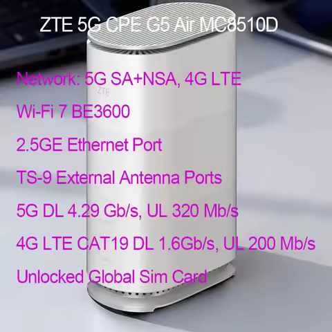 New ZTE G5 Air 5G CPE MC8510D WiFi 7 Router BE3600 2.5G Ethernet Port NFC 5G NR 4G LTE Cat19 Sim Car