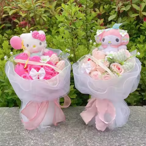 Cute Sanrio Plush Dolls Hellokitty With Artificial Flower Creative Bouquet New Year Birthday Valenti