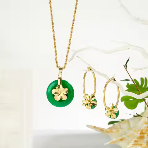 Hawaii Plumeria Style Jade Pendant Necklace And Earrings Jewelry Set