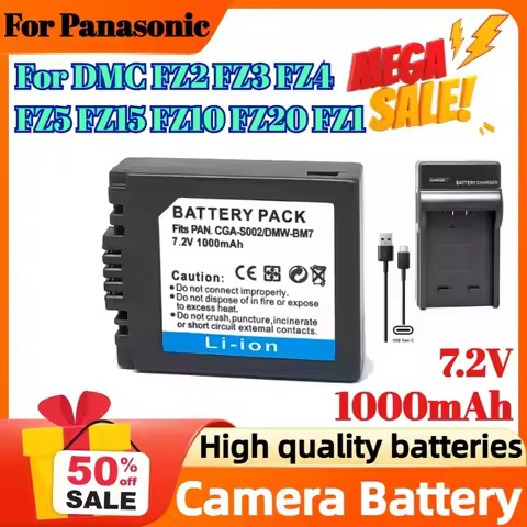 7.2V 1000mAh CGA-S002E CGA S002 CGA S002E DMW-BM7 Camera Battery For Panasonic DMC FZ2 FZ3 FZ4 FZ5 F
