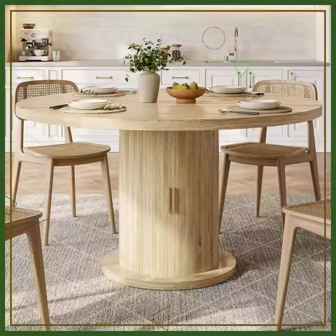 43.3" Round Dining Table with Hidden Storage, Japandi Style Farmhouse Kitchen Table for 4-6 People, 