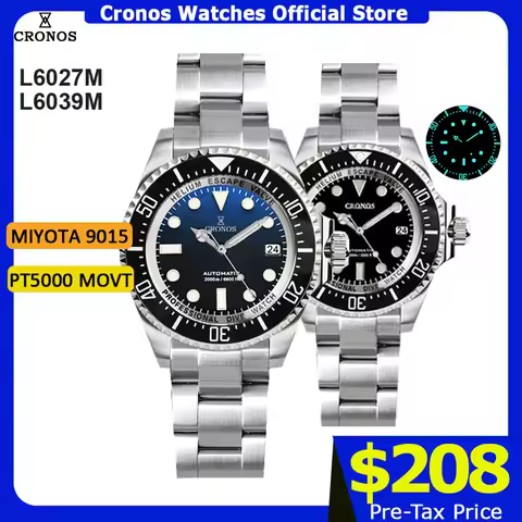 Cronos Automatic Diving Watch Stainless Steel 2000 Meters Water Resistance Professional Diver PT5000