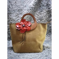 Khaki Hand Bag With Flower Deign
