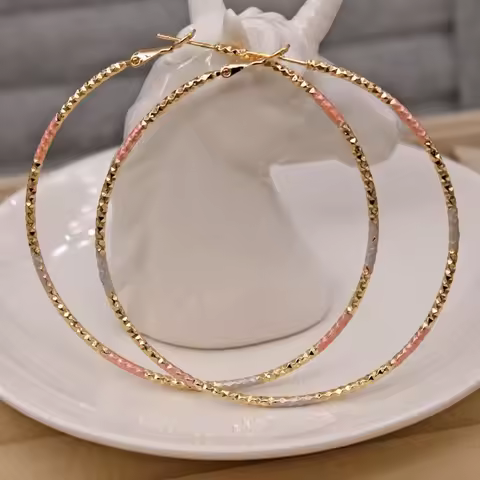 Gold Color - Dia. 2.7'' Huge Circle 3-Color Plated Swirl Hoop Earrings