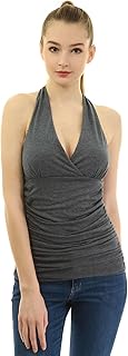 AmlieBoutik Women Halter V Neck Crossover Empire Waist Ruched Sides Sleeveless Blouse Top