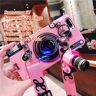 Case For Samsung Galaxy S9 Plus Samsung S8 Plus Samsung S7 Edge Samsung S7 S8 S9 Retro Camera lanyard Casing Grip Stand Holder Silicone Phone Case Cover With Camera Doll