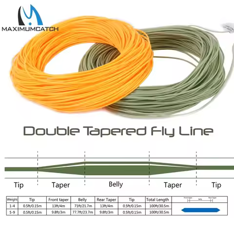 MAXIMUMCATCH DT Fly Line 1-6WT 100FT Double Taper Floating with Welded Loops in Green/Yellow/Orange 