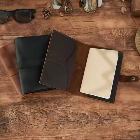 Handmade Leather Journal Cover - Refillable Travel Notebook with Passport Pocket & Card Holder for F