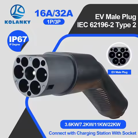 Kolanky Type2 EVS Male EV Charger Plug Connect to EV Charging Station 1/3 Phase 16/32A IEC 62196-2 E