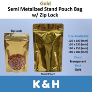 Beg Plastik (50pcs) SEMI GOLD METALISED STAND POUCH / 1 Side GOLD 1 Side Transparent with zipper and