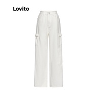Lovito กางเกงยีนขายาว ลําลอง ทรงตรง มีกระเป๋า L29AD057 (สีขาว)
