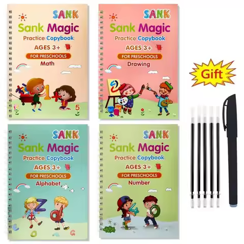 4 Books Montessori SANK English Magic Copybook Reusable Writing Practice 3D Calligraphy Book Wipe-fr