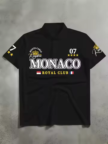 Men's American Retro Monaco Royal Club 07 Printed Polo Shirt, Loose Lapel Street Style Casual Top, S
