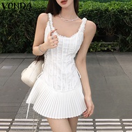 VONDA ผู้หญิงสไตล์เกาหลีคอเสื้อลูกเรือแขนกุดเด็กผู้หญิงกระโปรงลูกไม้ชุดมินิเดรสจีบ #0707