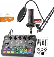 Podcast Equipment Bundle, Mixer with 48V XLR Condenser Microphone, TF Card, Surround Sound,Suitable 