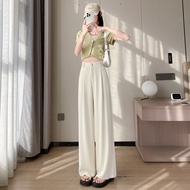 กางเกงสูททรงหลวมเอวสูงสไตล์จีนสำหรับผู้หญิงส่วนสั้น สีขาว กางเกงขายาวทรงตรงลำลอง ทรงเข้ารูป ทรงหลวม